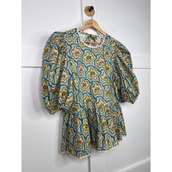 NEW Hunter Bell Puff Sleeves Peplum Cotton Lenny Tea Time Floral Top Blouse - Picture 3 of 9